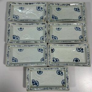 古伊万里 染付 焼物皿 懐石 茶道具 和食器 時代物 伊万里焼 古陶磁器 骨董品 四角角皿 刺身皿 7客