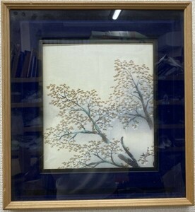 G1023-102 日本画 複製画　色紙印刷　プリント風景画 桜　額付き サイン在 額装 フレーム 額サイズ38.5 × 41.5cm