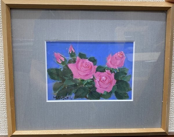 G1004-45 絵画 H.SUZUKI 薔薇の花 肉筆 絵画 芸術 美術 美品 作家 在銘 希少 骨董品 古美術品 額装:27.5 × 22cm, 美術品, 絵画, その他