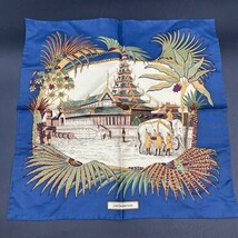 G0922　1円スタート！ JIM THOMPSON ジムトンプソン　スカーフ　ハンカチ　ナプキン　シルク　SILK　ネイビー　寺院　no.15_画像1