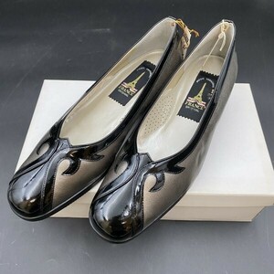 G1111 未使用 パンプス 24.5cm EEE ベージュ×ブラック 黒　エナメル 婦人靴 レディース MODE TAMAGAWA FRANCE ORIGINAL　日本製