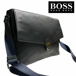 1円〜★BOSS HUGO BOSS ヒューゴボス レザーショルダーバッグ メッセンジャー クロスボディA4収容可能 PC ビジネス メンズ ブラック 黒