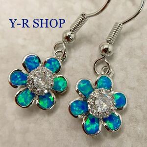  white topaz . blue fire - opal. . flower design .... earrings * lady's silver 925 stamp color stone accessory new goods Y-R