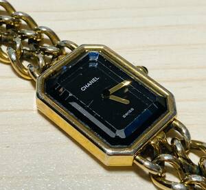KGNY3769 CHANEL シャネル プルミエール クォーツ ゴールドカラー レディース 腕時計 黒文字盤 サイズM ジャンク 現状品