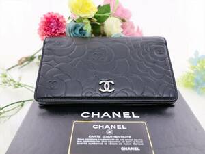 【1円 スタート】 ≪極美品≫ CHANEL カメリア ラムスキン 財布 ブラック/シルバー 箱・シリアルシール・ギャランティーカード有 