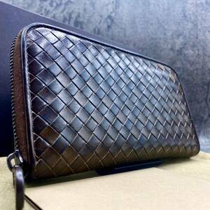 【美品◎希少デザイン】 BOTTEGAVENETA ボッテガヴェネタ メンズ 長財布 ラウンドファスナー ウッドタッチ イントレチャート レザー