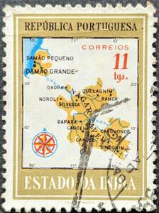 【外国切手】 ポルトガル領インド 1957年08月01日 発行 地区Damaoの地図 消印付き