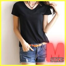 Vネック シャツ 半袖 きれいめ シンプル カットソー レディース Tシャツ 黒 M_画像7