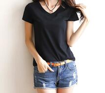 Vネック シャツ 半袖 きれいめ シンプル カットソー レディース Tシャツ 黒 M_画像2