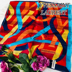 YVES SAINT LAURENT イヴサンローラン 女性 レディース スカーフ YSL 赤 青 ブルー カラフル マルチカラー 美品 未使用に近い 86×86cm