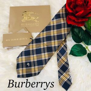Burberrys Burberry BURBERRY men's man gentleman necktie total pattern navy yellow navy blue yellow hose Logo business wedding suit ..9.3cm
