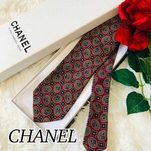 CHANEL シャネル メンズ 男性 紳士 ネクタイ ブランドネクタイ 総柄 ボルドー ペイズリー柄 ペイズリー 結婚式 美品 未使用に近い 剣先 8cm