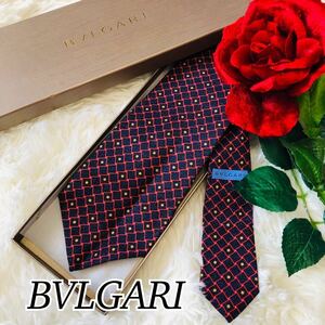 BVLGARI ブルガリ メンズ 男性 紳士 ネクタイ ブランドネクタイ 総柄 ネイビー 紺 赤 結婚式 ビジネス 通勤 モード ロック 剣先 10cm