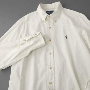 90s RalphLauren ヘビーツイルシャツ ボタンダウン ポニー刺繍 オフホワイト (L)