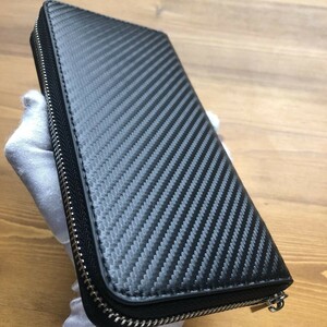 【土屋革具 】カーボンレザー 長財布 ラウンドファスナー コインケース 牛革 レザー メンズ財布 1円 黒×黒　ハンドメイド