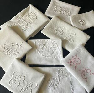 アンティーク　フランス　モノグラム　刺繍　生地　ハンドメイド　リメイク　素材