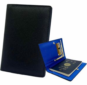 パスポートケース 二つ折り カードポケット チケット収納 薄型 高級PUレザー 無地 ブラック