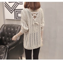 編みニット　ホワイト　ゆったりとしたトップ　Vネック　薄いセーター　婦人服　長袖背_画像4