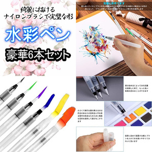 水彩ペン　6本セット　高品質・高性能　水彩画　水彩色鉛筆用　水筆ペン　描画用　筆　綺麗に描ける　水を入れて使う本体の軸は、ネジ式