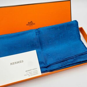 極美品 ★HERMES★ ミニスカーフ プチカレ カレ40 ポケットチーフ Hロゴ総柄 ブルー