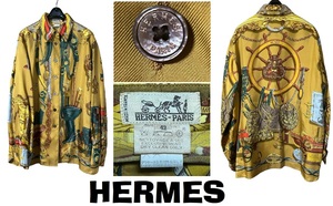 未使用80’Sビンテージ★フランス製エルメスHERMES/BATEAU A VAPEURスカーフ長袖ブラウス★ゴールド★42