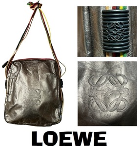 未使用ビンテージ★ロエベLOEWE★刻印入り本皮レザー・ショルダーバッグ★シルバー★21x24x7