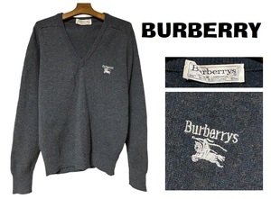 新品同然スコットランド製バーバリーBURBERRY刺繍入りシェットランドVネック・セーター★チャコール★39