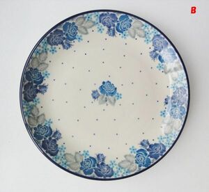 x319 ポーランド陶器 19.5cmプレート/皿 B 藍&青バラ/水色小花 ポーリッシュポタリー 食器