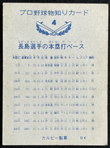 ◆長島茂雄 カルビー製菓 BK プロ野球物知りカード No.4 バット版「長島選手の本塁打ペース」読売巨人軍/読売ジャイアンツ 1973年 当時物_画像2