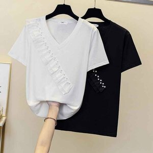 全2色 半袖Ｔシャツ フリル 切り替え 体型カバー 着痩せ 【大きいサイズあり】 4XL ブラック