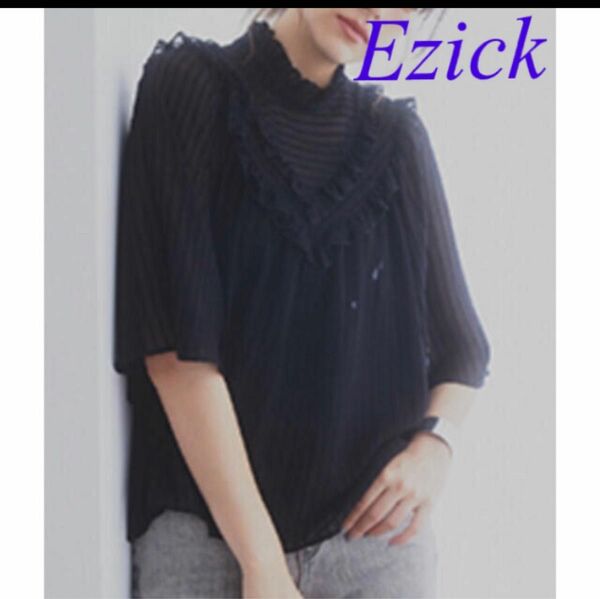 おてがる配送★新品 Ezick フリルネックシアー ブラウス ブラック