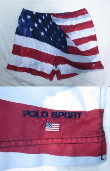 90s POLO SPORT ラルフローレン ナイロン ショートパンツ XL 星条旗 フラッグ スイムショーツ 香港製