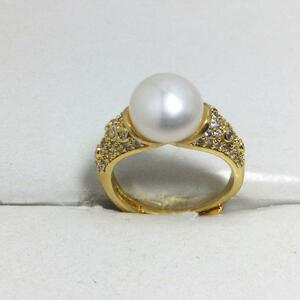 真珠リング本物淡水パール指輪ダイヤ入り高級感抜群人気柄ホワイト・フリーサイズ【サイズ調整無料】