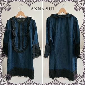 送料無料　大人気　ANNA SUI アナスイ　デニムワンピース レディース　黒レース　サイズ4