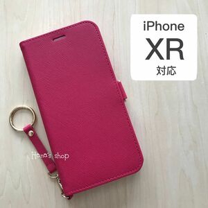 iPhoneXR ストラップ付 耐衝撃 手帳型 ケース ディープピンク