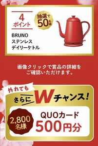 レシート懸賞応募★BRUNO ブルーノ ステンレスデイリーケトルが当たる★WチャンスでQUOカードが2800名さまに★送料63円・WEB応募