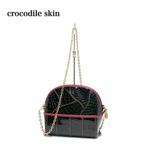 ☆美品☆ DALUVANI・ crocodile skinクロコダイル ワニ革 シャイニングクロコダイル バイカラー ステッチ チェーン ショルダーバッグ