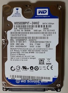 4268 2.5インチ内蔵SATAハードディスク 9.5mm 500GB WesternDigital WD5000BPVT-24HXZT3 5400rpm Acer Windows7Home 1355時間 正常