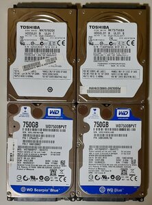 4277 ジャンク 2.5インチ内蔵SATAハードディスク 750GB 9.5mm 5400rpm 東芝 MK7575GSX WesternDigital WD7500BPVT 注意3個 正常1個 Mac/Win