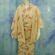 （57）単衣　ウール　wool 羽織　絵羽柄　アンサンブル　着物 pre-owned　　中古　Japanese Kimono　153cm 60inch_画像5