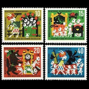 k5487 狼と7匹の子ヤギ ドイツ 1963年 外国切手4種 未使用【おとぎ話 童話切手 古切手 海外切手】蒸気猫パーツ
