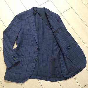 美品★バーバリー テーラード ジャケット リネン シルク BURBERRY ネイビー 紺 ウィンドウペンチェック メンズ 春夏 XL A438