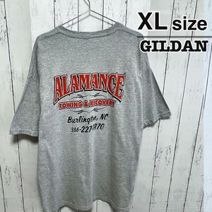 USA古着　GILDAN　Tシャツ　XLサイズ　グレー　プリント　ロゴ　バンド風