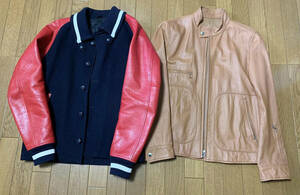 2枚セット！【SOPHNET.】STADIUM BLOUSON スタジャン（Mサイズ）＆シングル ライダースジャケット 羊革 ライトブラウン（Mサイズ）