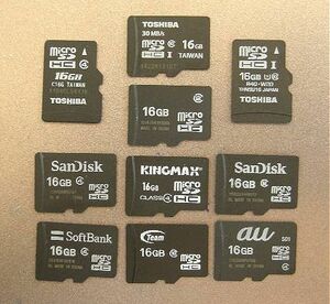 東芝、SANDISK、Lexar、ACARD、KINGMAX、PQI、AU、SOFTBANK他等の各社扱い16GBマイクロSDHCカード_未使用バルク品1枚