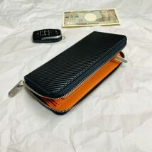 【田中革具】※ ハンドメイド カーボンレザー 長財布 財布 ラウンドファスナー ロングウォレット 牛革 本革 レザー メンズ 黒×オレンジ_画像6