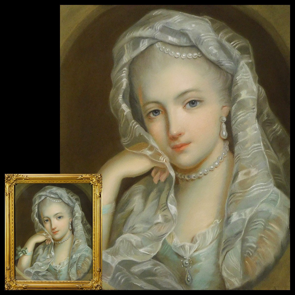 Legende von Maurice Quentin de La Tour, Dame (Schönheitsmalerei), ca. 6, Pastell, gerahmt, Aufkleber angebracht, in Holzkiste s24030106, Malerei, Ölgemälde, Porträt