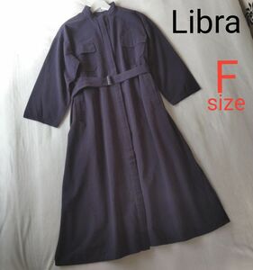 Libra リブラ ベルト付きバンドカラーシャツワンピース 羽織りにも アンティローザ♪ネイビー 紺 FREE フリーサイズ