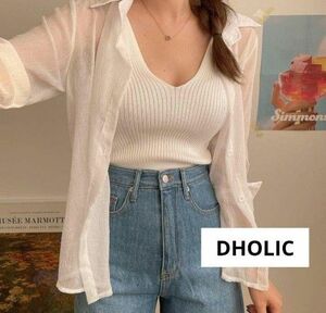 【新品未使用】DHOLIC ディーホリック Ｖネックニットキャミソール&シースルーシャツセット♪ホワイト FREE フリーサイズ