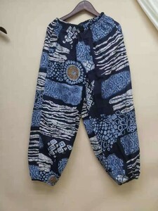  remainder a little new goods linen flax total pattern Asian ethnic sarouel pants hem rubber Easy pants flower fire thin blue immediately buy OK [ price cut un- possible ]